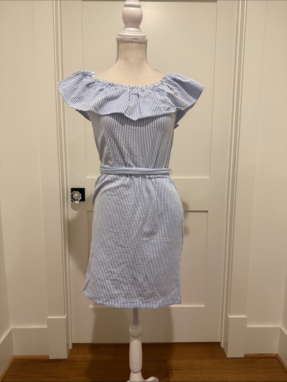MICHAEL Michael Kors Light Blue Striped Off-Shoulder Mini Dress